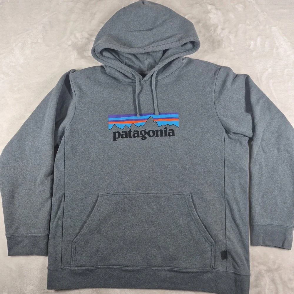 Patagonia P-6 Logo Uprisal Hoodie Men's XL Blue Gray Fleece Pullover Sweatshirt